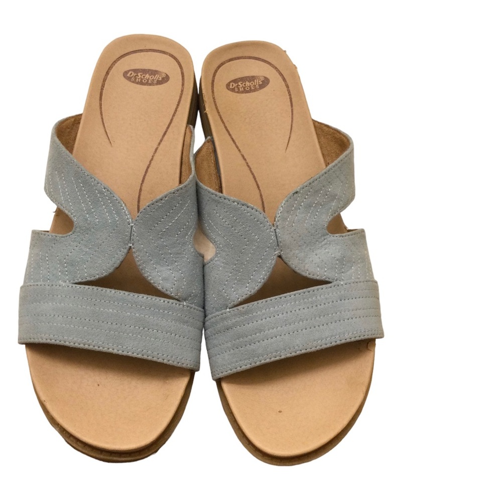 - Dr Scholls blue suede flat slip on sandals size 8.5